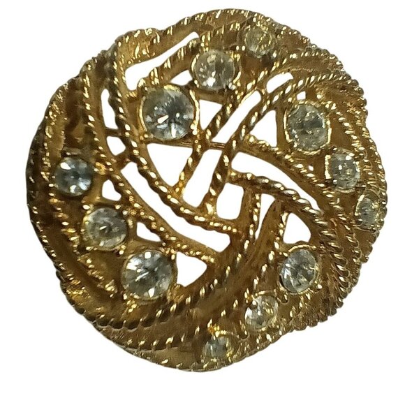 Vintage Gold-Tone Filigree Rhinestone Brooch Pin 1.5" - Picture 1 of 5